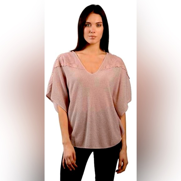 ROSE COLORED SWEATER WITH SHOULDER LACE INSET - Picture 1 of 5